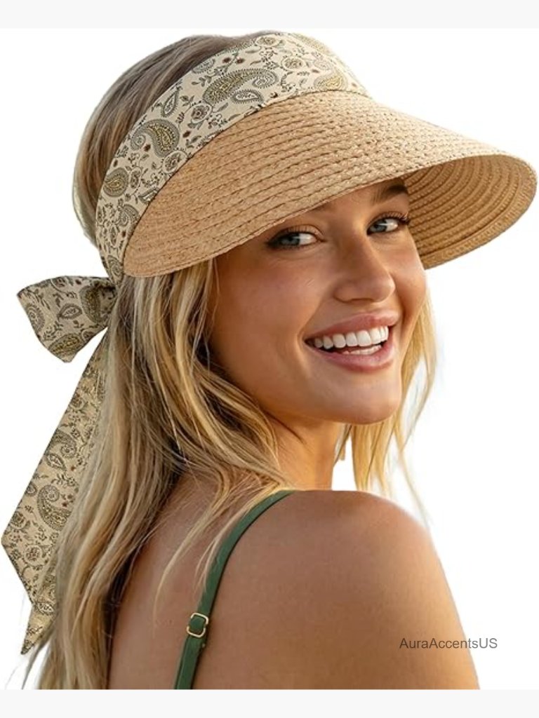 Women's Visor Hat With Bow Ribbon, Packable Adjustable Sun Hat For Travel &